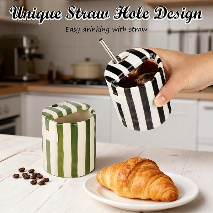 Novelty Ceramic Coffee Mug Designed to Look Like a Gift Box, 10oz Retro Hand-Painted Ceramic Travel Mug, Brown & White Striped, Microwave & Dishwasher Safe, Perfect Present for Coffee Lovers (Black)