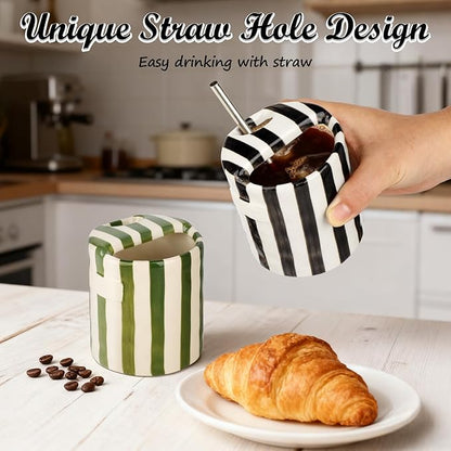 Novelty Ceramic Coffee Mug Designed to Look Like a Gift Box, 10oz Retro Hand-Painted Ceramic Travel Mug, Brown & White Striped, Microwave & Dishwasher Safe, Perfect Present for Coffee Lovers (Black)