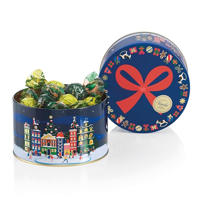 Venchi, Medium Christmas Hatbox Gift Tin with Assorted Perla Chocolates, with Whole Piedmont Hazelnut, Limited Edition, 7.2 oz, Gluten-Free, Christmas Gift Idea