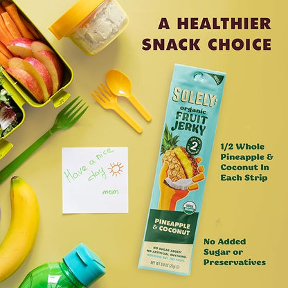 SOLELY - Organic Pineapple Coconut Fruit Jerky - 12 Individually Wrapped Strips - Fruit Leather Made from Dried Fruit - Healthy Snacks for Adults & Kids - Non GMO, Vegan Snacks - 0.8oz (23g)