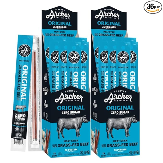 Country Archer Beef Jerky Sticks - Grass Fed Beef Sticks Individually Wrapped, Beef Sticks Bulk, Beef Jerky Snack Packs, Gluten Free, Paleo, Keto - 1 oz Meat Sticks (Pack of 36)