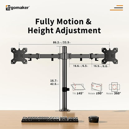 ERGOMAKER Dual Monitor Mount for Desk, Monitor Stand Holds 2 Computer Screens Fits 13" to 27", Heavy Duty Fully Adjustable Monitor Arm with C-Clamp and Grommet Base, VESA 75x75 100x100mm, Black