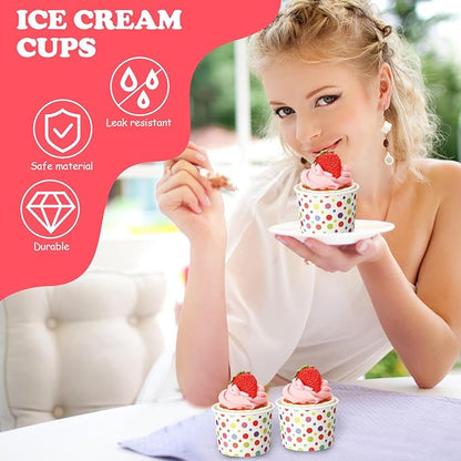 Honeydak 400 Pack 150 ml/ 5 oz Rainbow Polka Ice Cream Cups for Party Small Ice Cream Cups Disposable Treat Paper Cups Dessert Snacks Sundae Yogurt Container Wedding Birthday Party Supplies