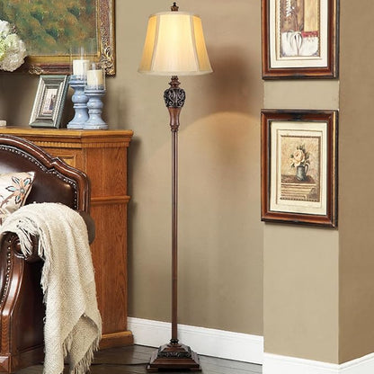 Vintage Floor Lamp for Living Room Traditional Farmhouse Tall Standing Lamp Mid-Century Antique Bedroom Pole Lamp with Bell Shape Faux Silk Shade Elegant Rustic Bright Lighting for Reading Home Decor