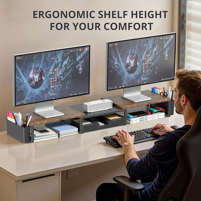 OPNICE Desk Dual Monitor Stand Riser - Desk Organizer with Drawer and Pen Holders, Office Desk Accessories & Workspace Organization, Computer Monitor Stand for Laptop, Printer, TV, Office Decor, Wood