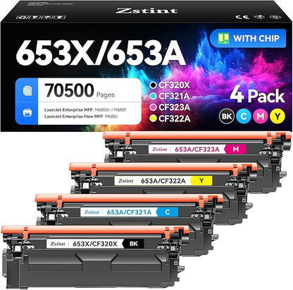 653X 653A Toner Cartridge Set 4-Pack High Yield Replacement for HP 653X 653A CF320X CF321A CF322A CF323A Compatible with HP Color LaserJet Enterprise Flow MFP M680z M680dn M680f Printer Ink All-in-One