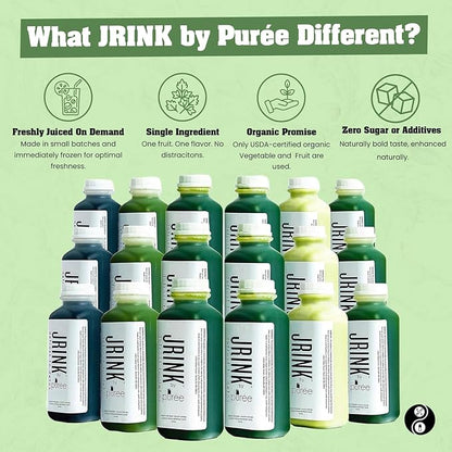JRINK by Purée Easy Juice Cleanse, Cold Pressed Detox Drink with Organic 3 Day-Healthy Vegetable and Fruit Juice, Frozen Pressed Juice Cleanse, 18 Bottles, 16oz Each