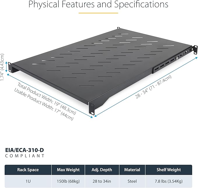 StarTech.com 1U 4-Post Server Rack Shelf, Vented, Adjustable Mounting Depth (28-34.4in/71.1-87.3cm), 150lb (68kg) Capacity