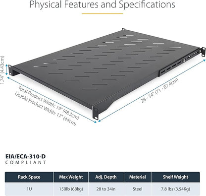 StarTech.com 1U 4-Post Server Rack Shelf, Vented, Adjustable Mounting Depth (28-34.4in/71.1-87.3cm), 150lb (68kg) Capacity