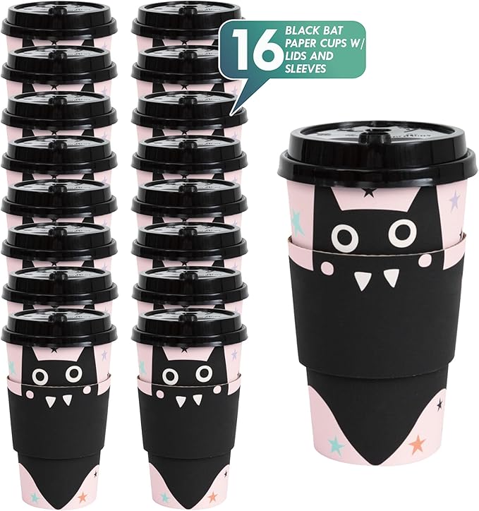 HOME & HOOPLA Halloween Party Pastel Hauntings Black Bat 16oz Paper Coffee Cups with Lids & Sleeves (Serves 16) – Spooktacular Bat Treat Cups