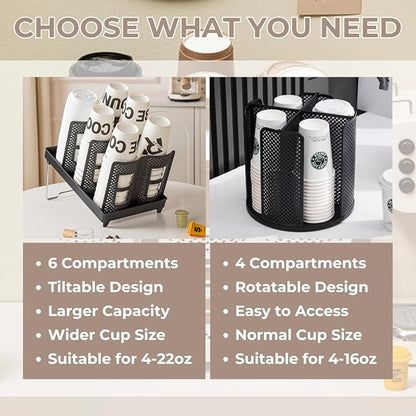 Atarvana 6 Slots Paper Cup and Lid Holder for 8-20oz Cups, Disposable Coffee Cup Dispenser of 2 Display Design for Coffee Station, Bar, Office, Home, Restaurant, Breakroom, Countertop