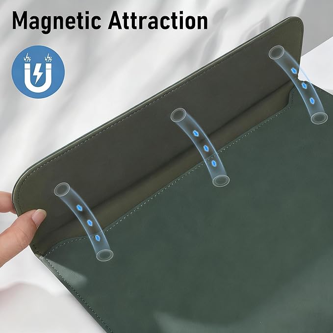 Allinside 13 Inch Laptop Sleeve Case for MacBook Air 13 2018-2025/MacBook Pro 13 2016-2022/Macbook Pro 14 2021-2024, Waterproof PU Leather Horizontal Envelope Protective Case Cover, Dark Green