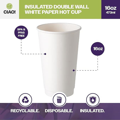 CIAO! 16 oz Insulated Double Wall White Paper Hot Cup, 90mm Diameter, 400 Count