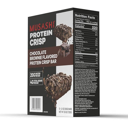 MUSASHI Protein Crisp Bar, 20g Protein, 4g Total Sugars, Chocolate Brownie, Post Workout and Snack On The Go, 12 Pack of 2.1oz (60g) Bars
