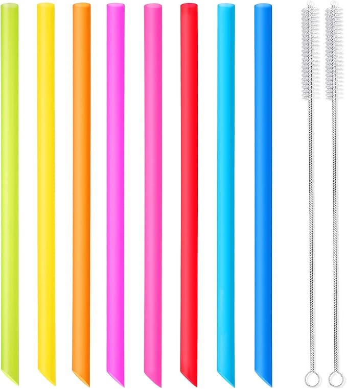 [Angled Tips] 8 Pcs Reusable Boba Straws & Smoothie Straws - Multi Colors Jumbo Wide Reusable Straw, BPA FREE Food-Grade Plastic Straw for Bubble Tea(Tapioca, Boba Pearls), Milkshakes with 2 Brushes