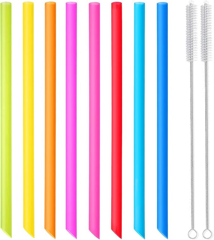 [Angled Tips] 8 Pcs Reusable Boba Straws & Smoothie Straws - Multi Colors Jumbo Wide Reusable Straw, BPA FREE Food-Grade Plastic Straw for Bubble Tea(Tapioca, Boba Pearls), Milkshakes with 2 Brushes