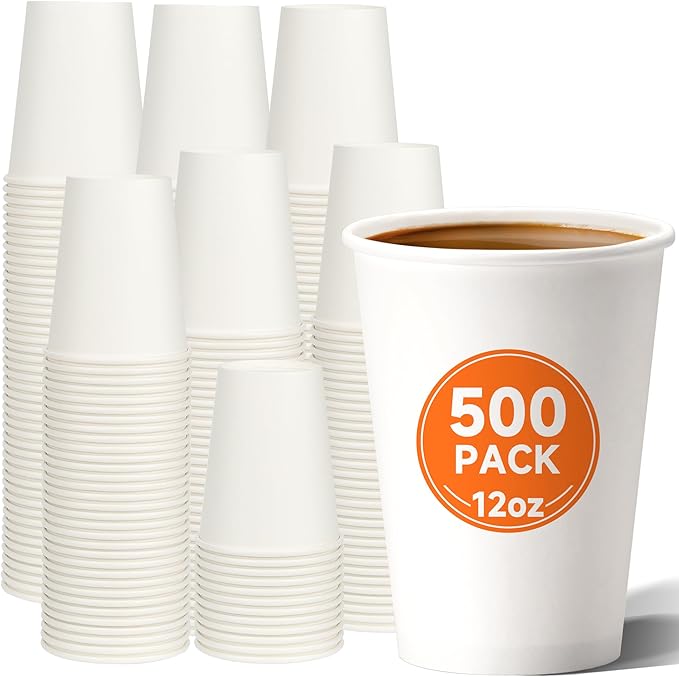 500 Count 12 oz Disposable Paper Coffee Cups, White Hot Paper Cups for Cafes, Bistros, Parties, and Events