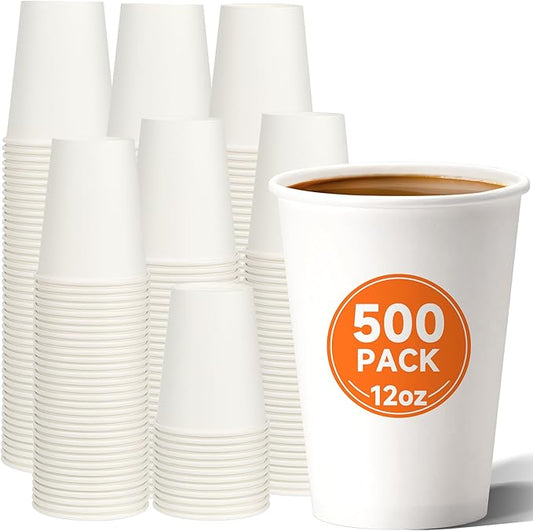 500 Count 12 oz Disposable Paper Coffee Cups, White Hot Paper Cups for Cafes, Bistros, Parties, and Events