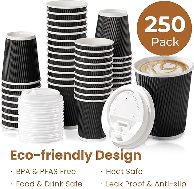 Fit Meal Prep 250 Pack 12 oz Black Disposable Coffee Cups with Lids & Stirrers, Corrugated Triple Wall To Go Hot Cups, Insulated Paper Coffee Cups for Hot Beverages, Travel, Home, Office (White Lids)