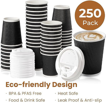 Fit Meal Prep 250 Pack 12 oz Black Disposable Coffee Cups with Lids & Stirrers, Corrugated Triple Wall To Go Hot Cups, Insulated Paper Coffee Cups for Hot Beverages, Travel, Home, Office (White Lids)