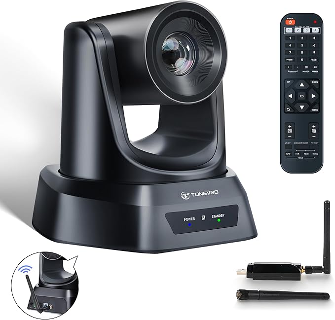 TONGVEO Wireless Conference Room Webcam, Church Live Streaming 10X USB 1080P 60fps PTZ Camera for Worship Services Online Conference, Works with Zoom, Skype OBS