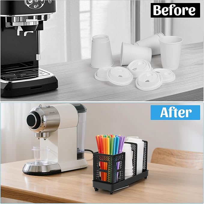 Coffee Cup Dispenser with Straws Holder, Plastic Coffee Cup and Lid Holder, 5-20oz Disposable Paper Cups Organizer for Countertop, Station, Bar, Office, Restaurant, Breakroom(3 Compartments)