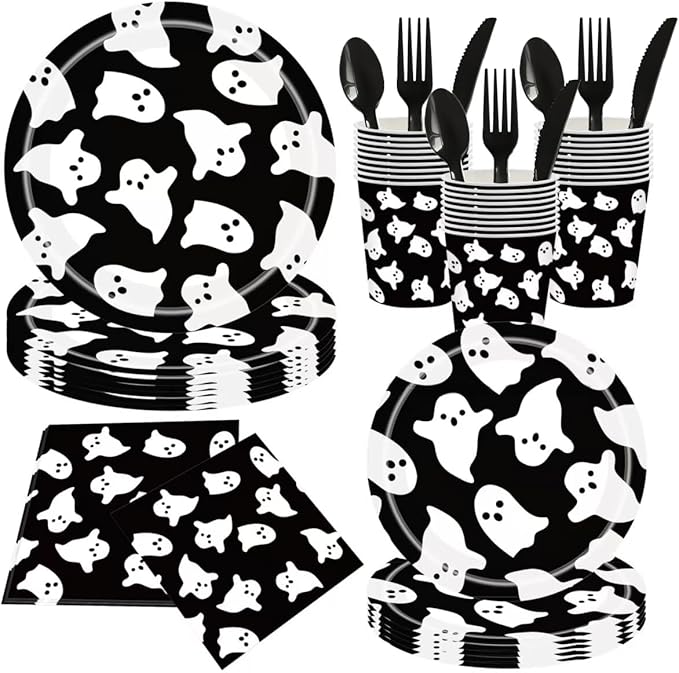 Halloween Disposable Party Tableware for 25 Guests,175pcs Disposable Tableware Set, Including Paper Plates,Paper Cups ,Knives, Forks, Spoons, Suitable for Party Supplies, Birthday Decorations，Black