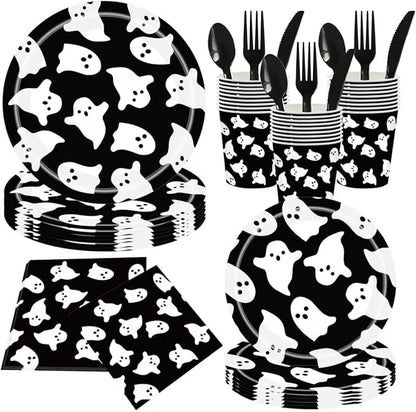 Halloween Disposable Party Tableware for 25 Guests,175pcs Disposable Tableware Set, Including Paper Plates,Paper Cups ,Knives, Forks, Spoons, Suitable for Party Supplies, Birthday Decorations，Black