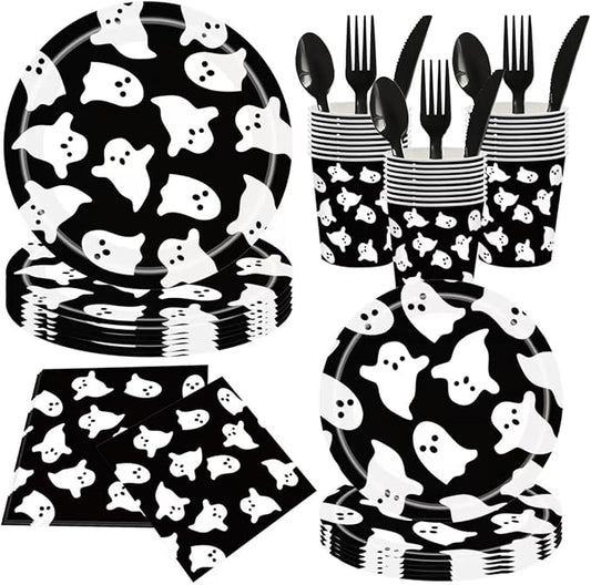 Halloween Disposable Party Tableware for 25 Guests,175pcs Disposable Tableware Set, Including Paper Plates,Paper Cups ,Knives, Forks, Spoons, Suitable for Party Supplies, Birthday Decorations，Black