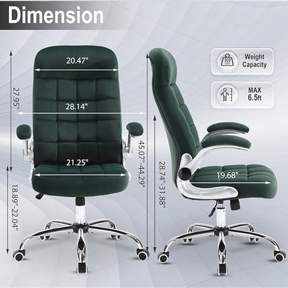 High Back Fabric Office Chair, Velvet Executive Desk Chair with Flip-Up Arms, Ergonomic Office Chairs with Lumbar Support, Upholstered Home Computer Swivel Chair with Wheels(Green)