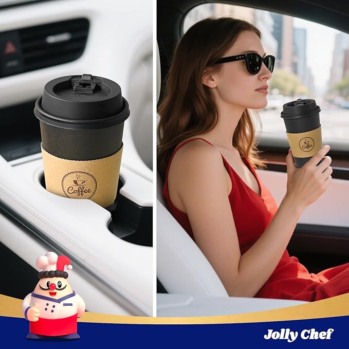 JOLLY CHEF 100 Count 20 oz Black Paper Coffee Cups with Lids, Sleeves and Stirrers for Home, Office, Kitchen, Cafes, Disposable Hot Paper Cups for all Kinds of Beverages