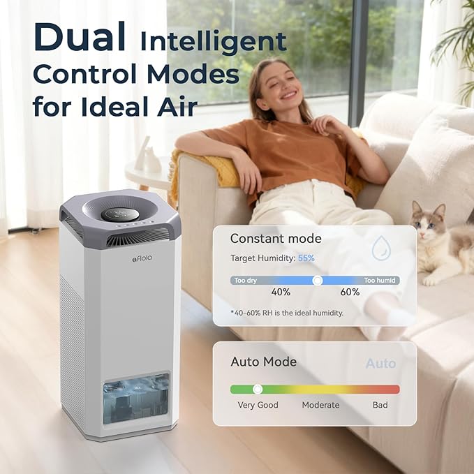 Afloia Air Purifier and Humidifier Combo in One-Cool Mist Evaporative for Home Bedroom Large Roome up tp 3000ft², with Humidity&Air Quality Sensor, Remove Pets Hair Allergy Mold Pollen Smoke, Brown