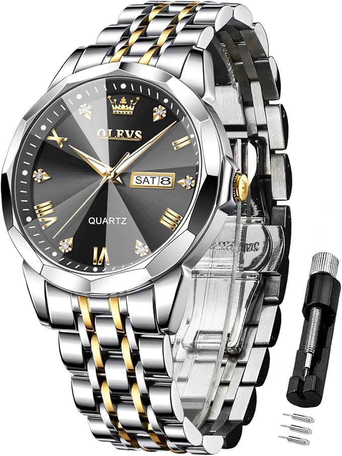 OLEVS Watches for Men Diamond Business Dress Analog Quartz Stainless Steel Date Luxury Casual Fashion Wrist Watch Waterproof Luminous
