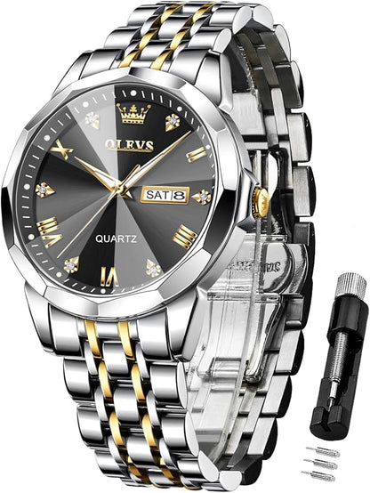 OLEVS Watches for Men Diamond Business Dress Analog Quartz Stainless Steel Date Luxury Casual Fashion Wrist Watch Waterproof Luminous