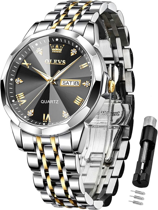 OLEVS Watches for Men Diamond Business Dress Analog Quartz Stainless Steel Date Luxury Casual Fashion Wrist Watch Waterproof Luminous