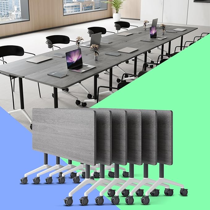 Conference Table,Folding Conference Table with Silent Wheels,Rectangular Business Conference Room Table,for Reception Offices Classrooms Meeting Training Room (6, Grey, 55.1in)