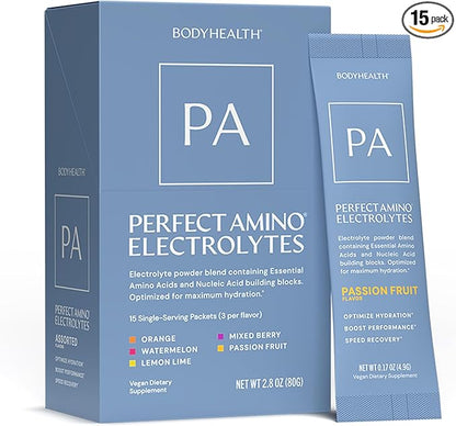 BodyHealth PerfectAmino Electrolyte Drink Mix – Variety Pack– No Sugar, Keto & Fasting Friendly, Hydration with Trace Minerals – Stick Packs