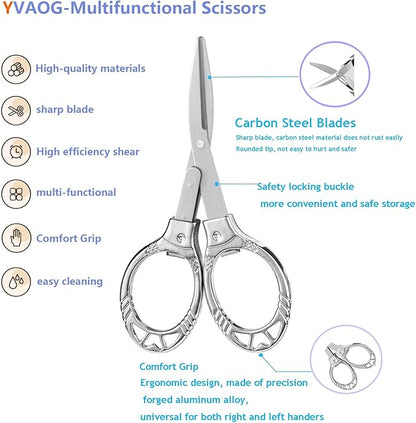 2-Piece Set of Silver Mini Folding Scissors, Compact, Ambidextrous, Sharp and Straight Edge, Stainless Steel, Home, Office, Travel, Craft, DIY