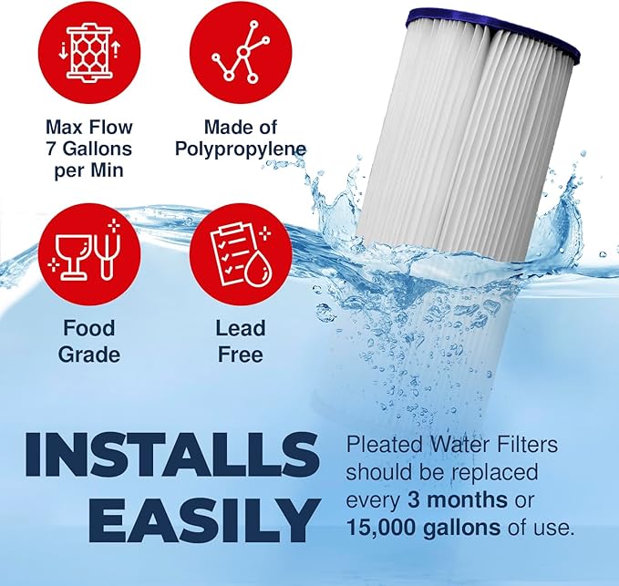 High-Performance 5 Micron 10x2.5 Whole House Pleated Sediment Filter Cartridge for Well Water Filter Replacement Compatible with WFPFC3002, WHKF-WHPL, Made in USA, 2 Pack