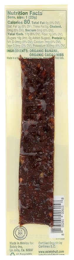 SOLELY - Organic Banana Chocolate Drizzled Fruit Jerky - 1 Individually Wrapped Fruit Strip - Fruit Leather Made from Dried Fruit - Healthy Snacks for Adults & Kids - Vegan, Non GMO - 0.8oz (23g)