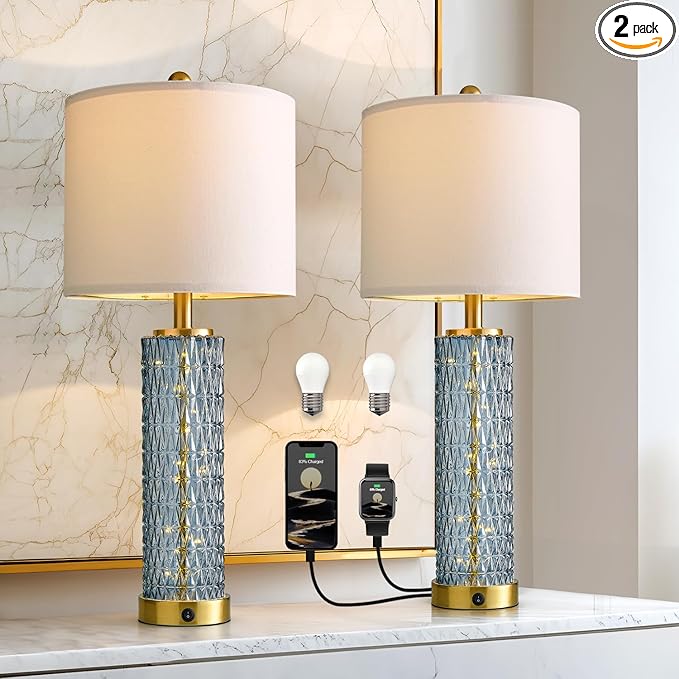 Oneach 27.75” Table Lamps Set of 2, Blue Modern Bedside Lamp with LED Night Light, USB A+C, Glass Lamps for Living Room, Bedroom, Nightstand, Office, End Table (2 Bulbs Included)