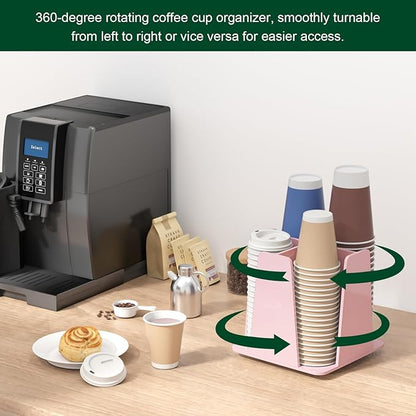 Coffee Cup Organizer for Countertop - Rotating Plastic Cup Holder 4 Compartments Pink Acrylic Cup and Lid Holder for Coffee Bar Restaurant Breakroom Disposable Paper Coffee Cup Dispenser