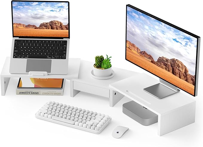 Dual Monitor Stand Riser - Computer Monitor Stand for 2 Monitors，Office Desktop Organizer，Adjustable Length and Angle 3 Shelf with Storage Drawer Phone Holder for Monitors and Laptops-White