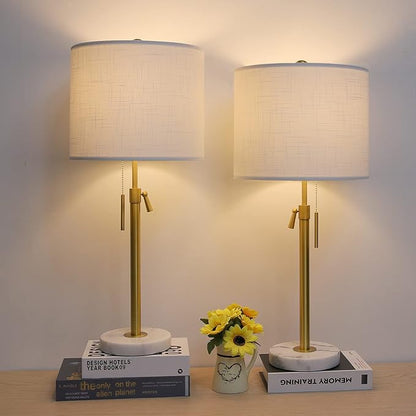 Gold Table Lamp Set of 2, 22-30" Height Adjustable Modern Nightstand Lamps with Marble Base and Pull Chain Switch for Living Room Bedroom, Office, Bedside Table, Farmhouse