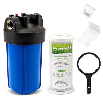 Whole House Water Filter Housing with Activated Carbon Cartridge | Fits 10x4.5" Sediment & Carbon Filters | 1" NPT Ports | Heavy-Duty Pre-Filtration for Well and City Water