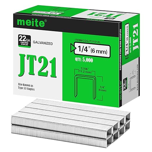 meite JT21 Staples, 1/4 Inch Galvanized Fine Wire Staples for Staple Gun - 7/16" Crown JT21 Staple Refill, Ideal for Upholstery, Crafts, Furniture (1 Case)