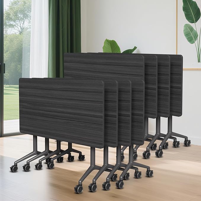 Conference Room Table, 55 Inch Folding Conference Tables with Wheels, Modern Office Meeting Table, Easy Flip & Nest Design, Rectangular Seminar Tables with Metal Frame for 2-24 People (N, 8PCS)