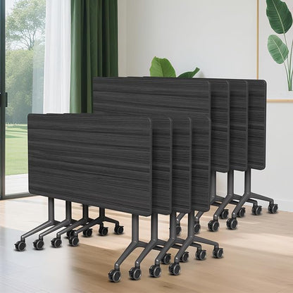 Conference Room Table, 55 Inch Folding Conference Tables with Wheels, Modern Office Meeting Table, Easy Flip & Nest Design, Rectangular Seminar Tables with Metal Frame for 2-24 People (N, 8PCS)