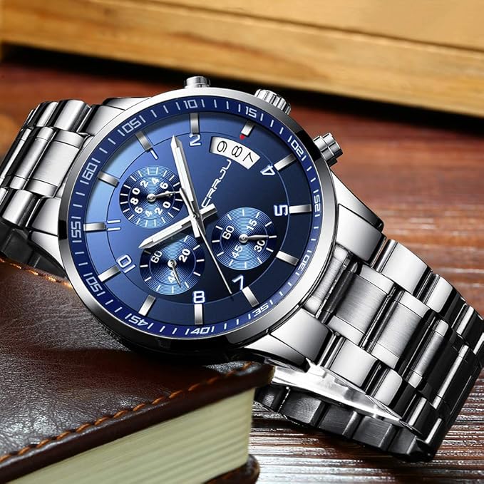 CRRJU Men's Fashion Stainless Steel Watches Date Waterproof Chronograph Wristwatches,Black Steel Band Waterproof Quartz Watch for Men