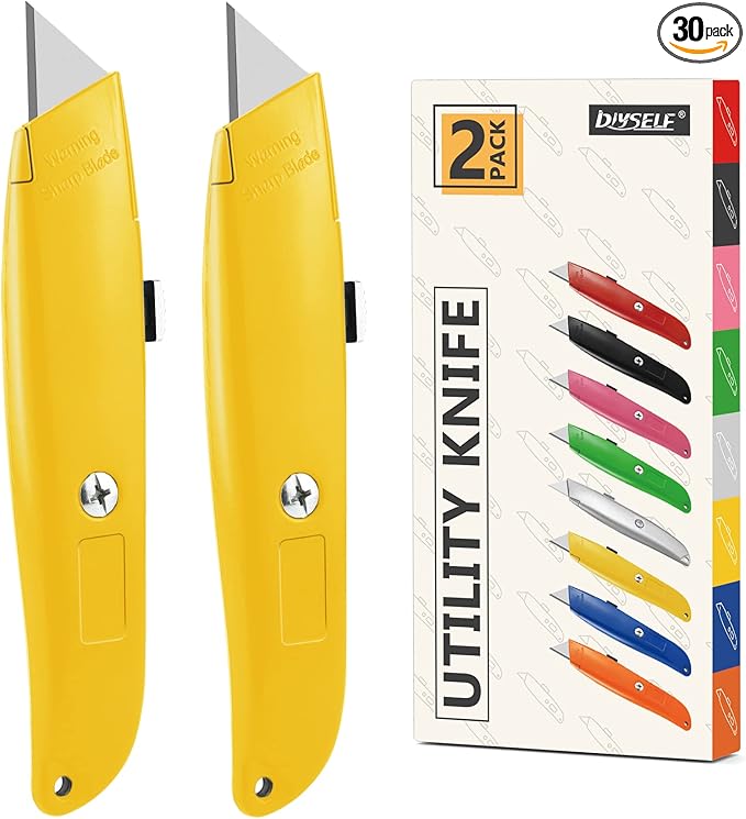 DIYSELF 30 Pack Box Cutter Heavy Duty Aluminium Shell Utility Knife | SK5 Steel Sharp Blade | Retractable Knife for Cutting Cartons Ropes and Cardboard | Home and Office Use (Yellow)